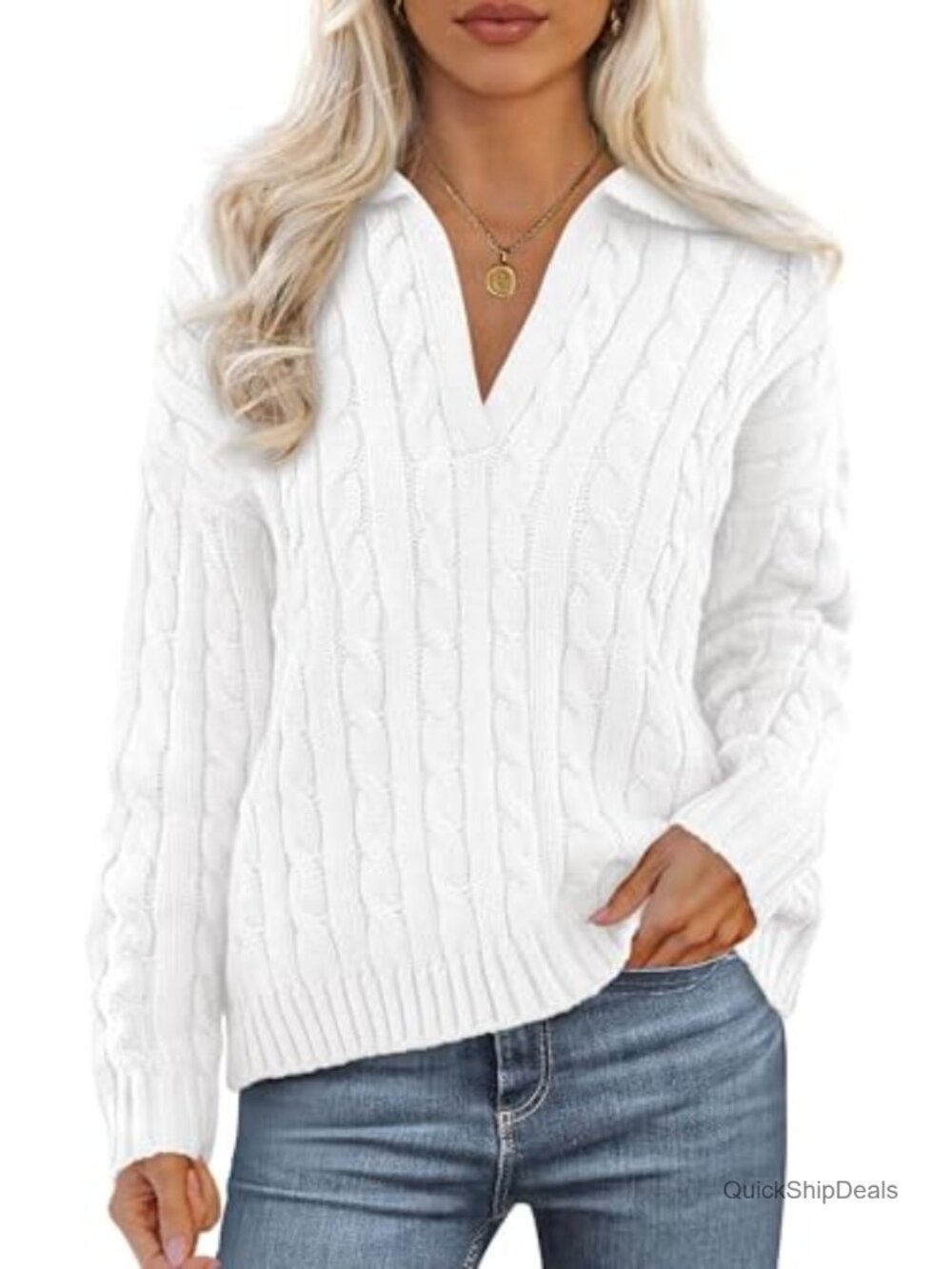 Womens Oversized Cable Knit V Neck Sweater Long Sleeve Pullover